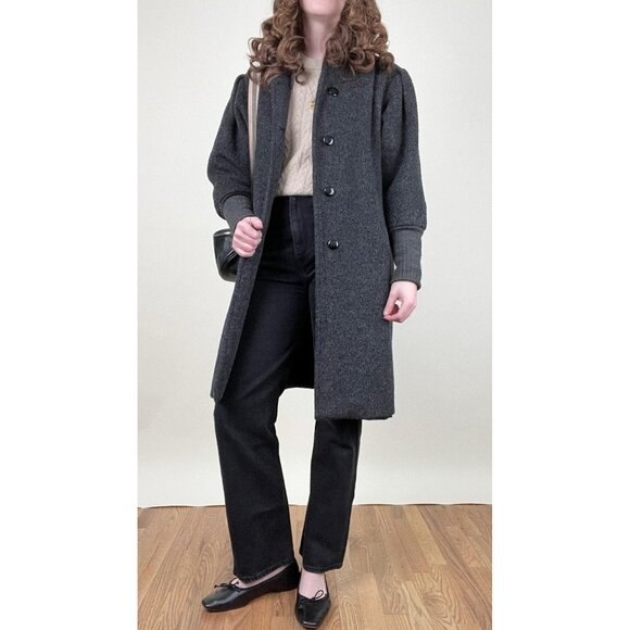 Vintage Jackets & Blazers - Vintage 80s Parisian Wool Peacoat Jacket Puff Sleeve Long Cuffs French Pea Coat